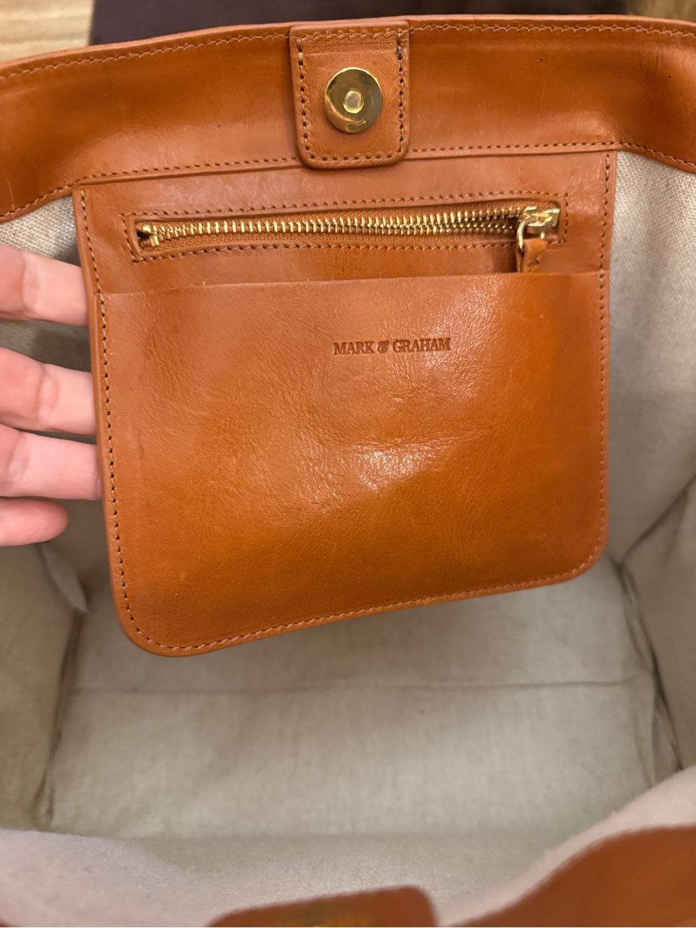 Mark & Graham Large Essential Leather Tote in Camel with Gold Hardware and strap - Picture 9 of 13